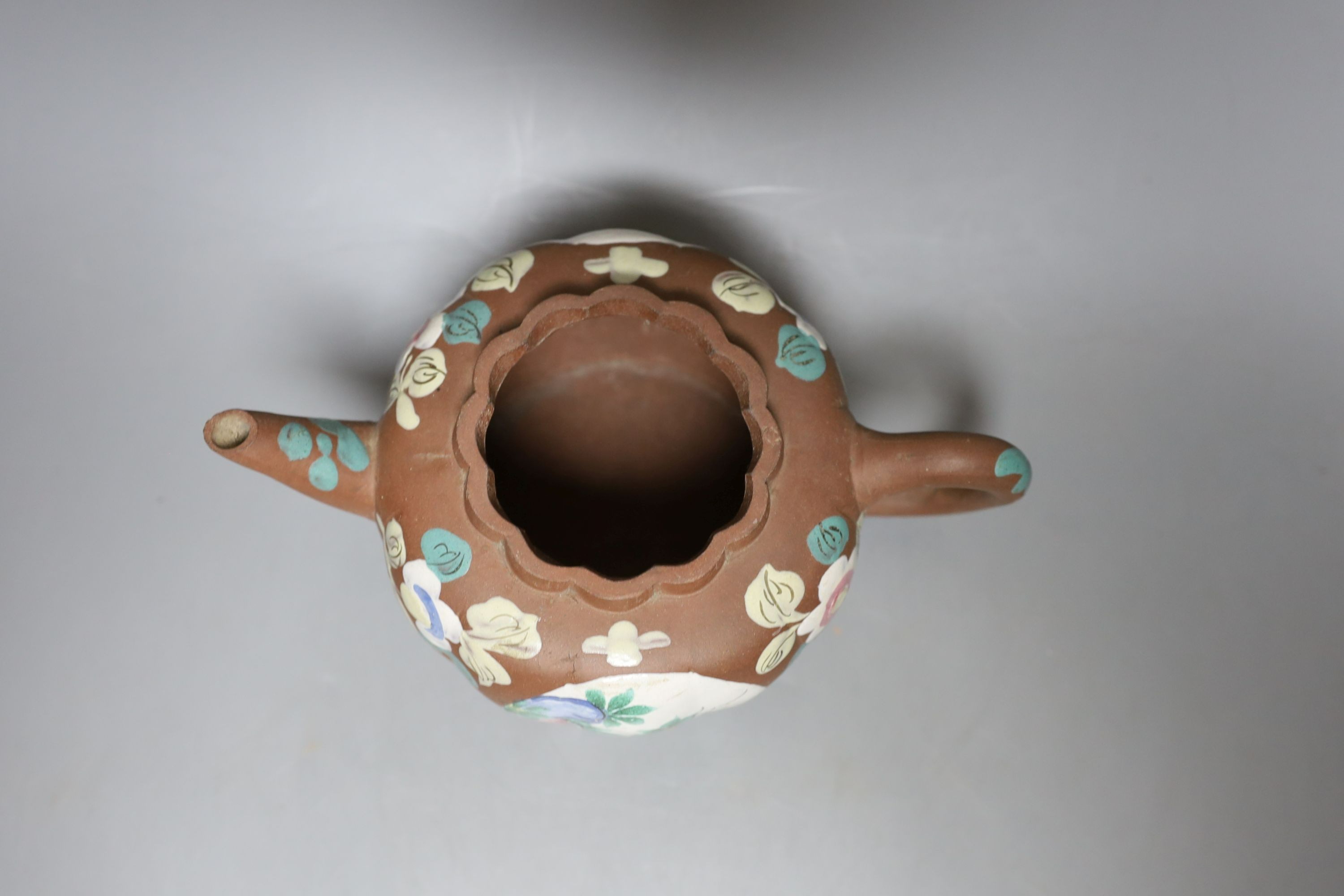 A Chinese Yixing enamelled teapot and cover - 12.5cm tall